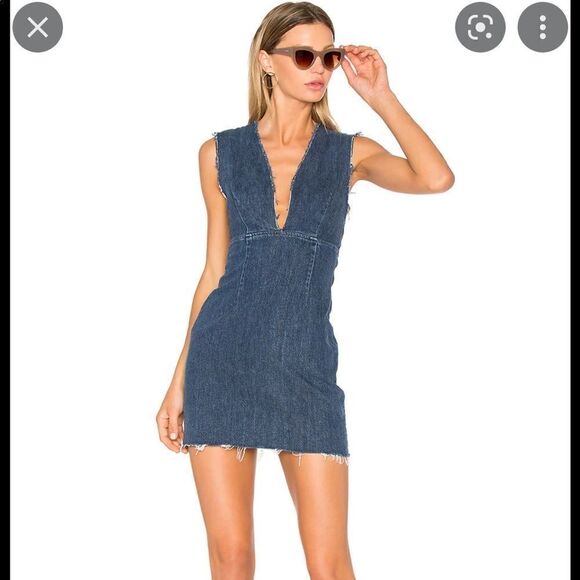 GRLFRND Estelle Deep V Denim Mini Dress in Fame S - Picture 1 of 11
